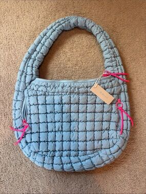 Altr’d State Quilted Padded Hobo Bag - Light Blue with Pink Accents
